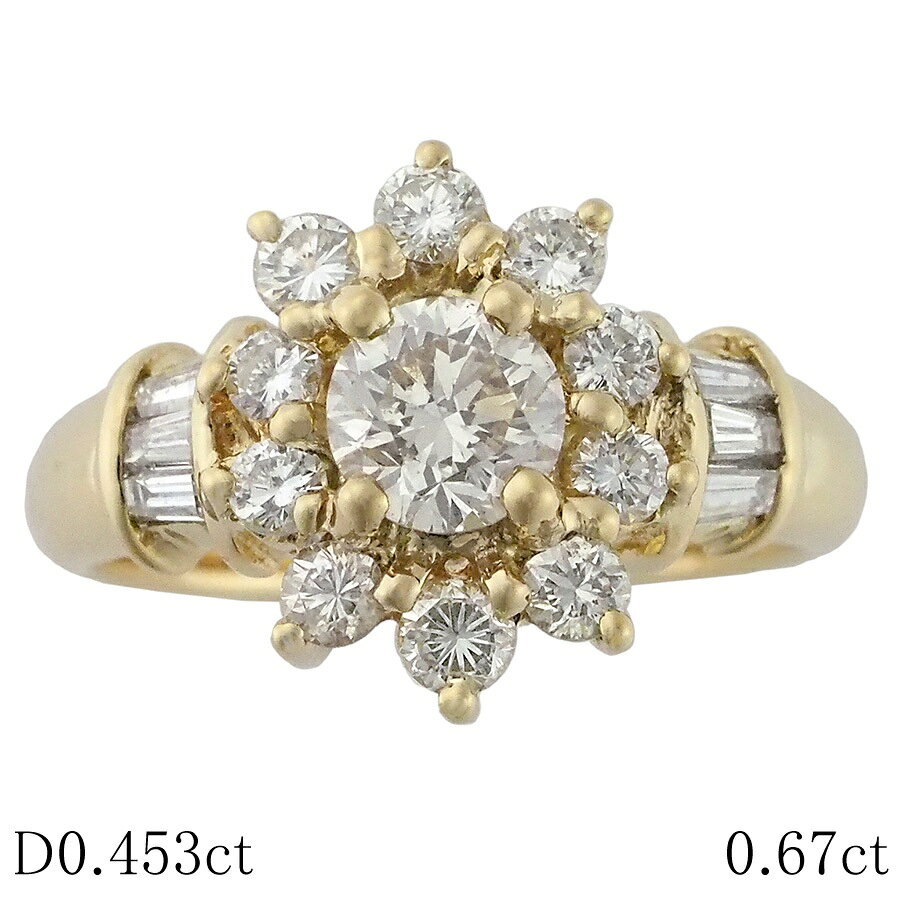 Rakuten - M-SI1-G ダイヤモンド/0.453ct ダイヤ/0.67ct フラワーモチーフ リング K18YG 9号 ソーティング付【中古】【JS1877】