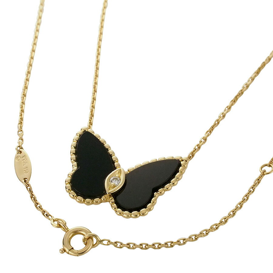 ヴァンクリーフ＆アーペル ダイヤモンド オニキス パピヨン ネックレス VCARL29700 K18YG メーカー修理証明書付【中古】【JS1844】