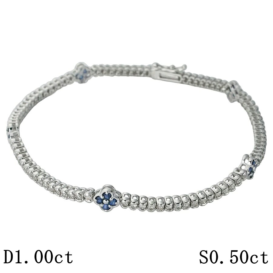 樂天商城 - ダイヤモンド/1.00ct サファイヤ/0.50ct フラワーモチーフ テニス ブレスレット K18WG【中古】【JS1879】