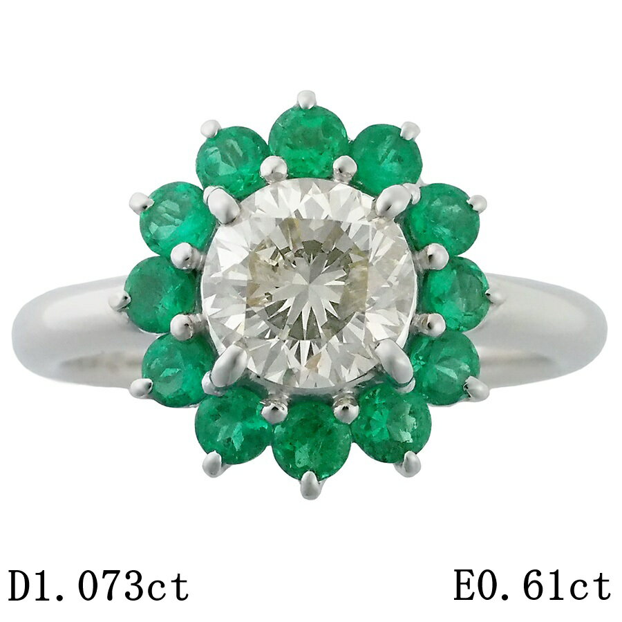 Rakuten - VLB-I1-F ダイヤモンド/1.073ct エメラルド/0.61ct フラワーモチーフ リング Pt900 12号 ソーティング付【中古】【JS1904】