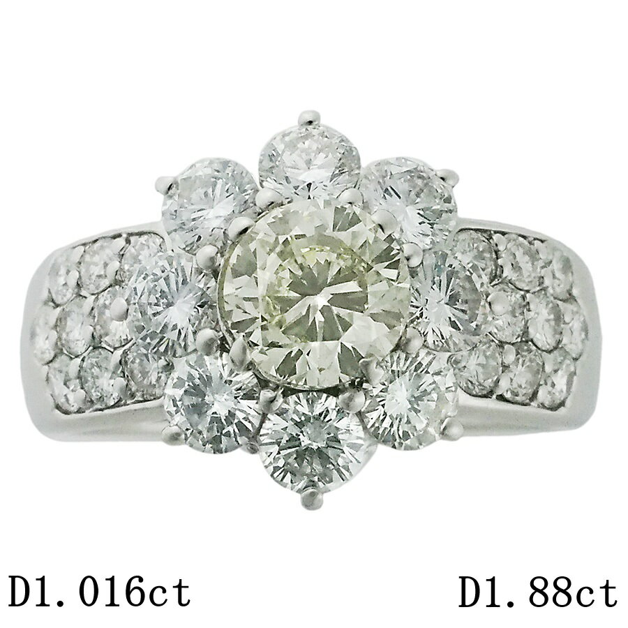 Rakuten - VLY-SI1-F ダイヤモンド/1.016ct ダイヤ/1.88ct フラワーモチーフ リング Pt900 14号 ソーティング付【中古】【JS1913】