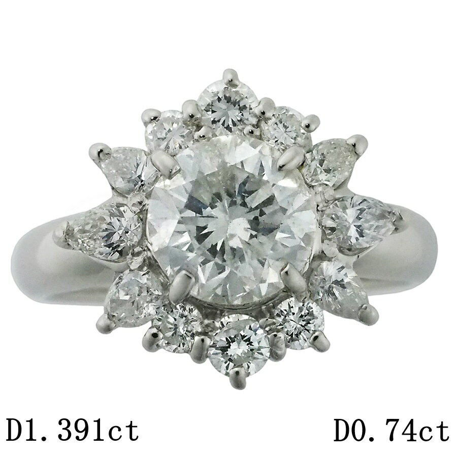 乐天商城 - H-I1-F ダイヤモンド/1.391ct ダイヤ/0.74ct フラワーモチーフ リング Pt900 11.5号 ソーティング付【中古】【JS1919】