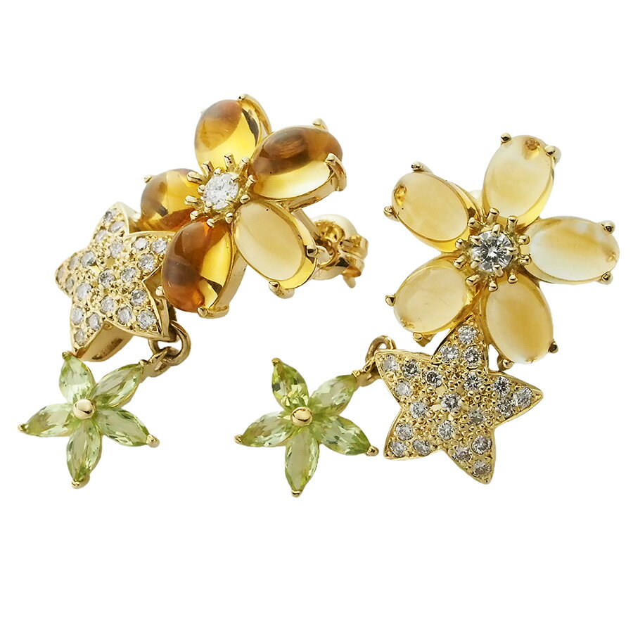 Rakuten - 4℃ シトリン ペリドット ダイヤモンド フラワー＆スター ドロップ ピアス K18YG【中古】【JS1923】