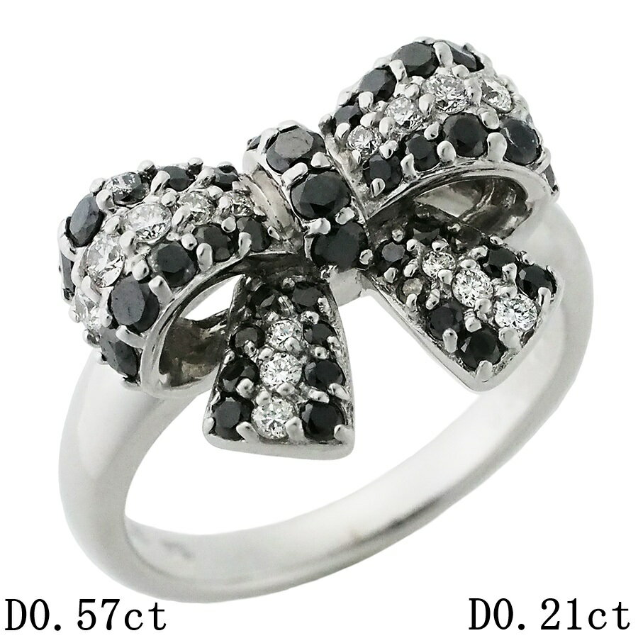 Rakuten - ポンテヴェキオ ブラックダイヤモンド/0.57ct ダイヤ/0.21ct リボンモチーフ リング K18WG 10号【中古】【JS1910】