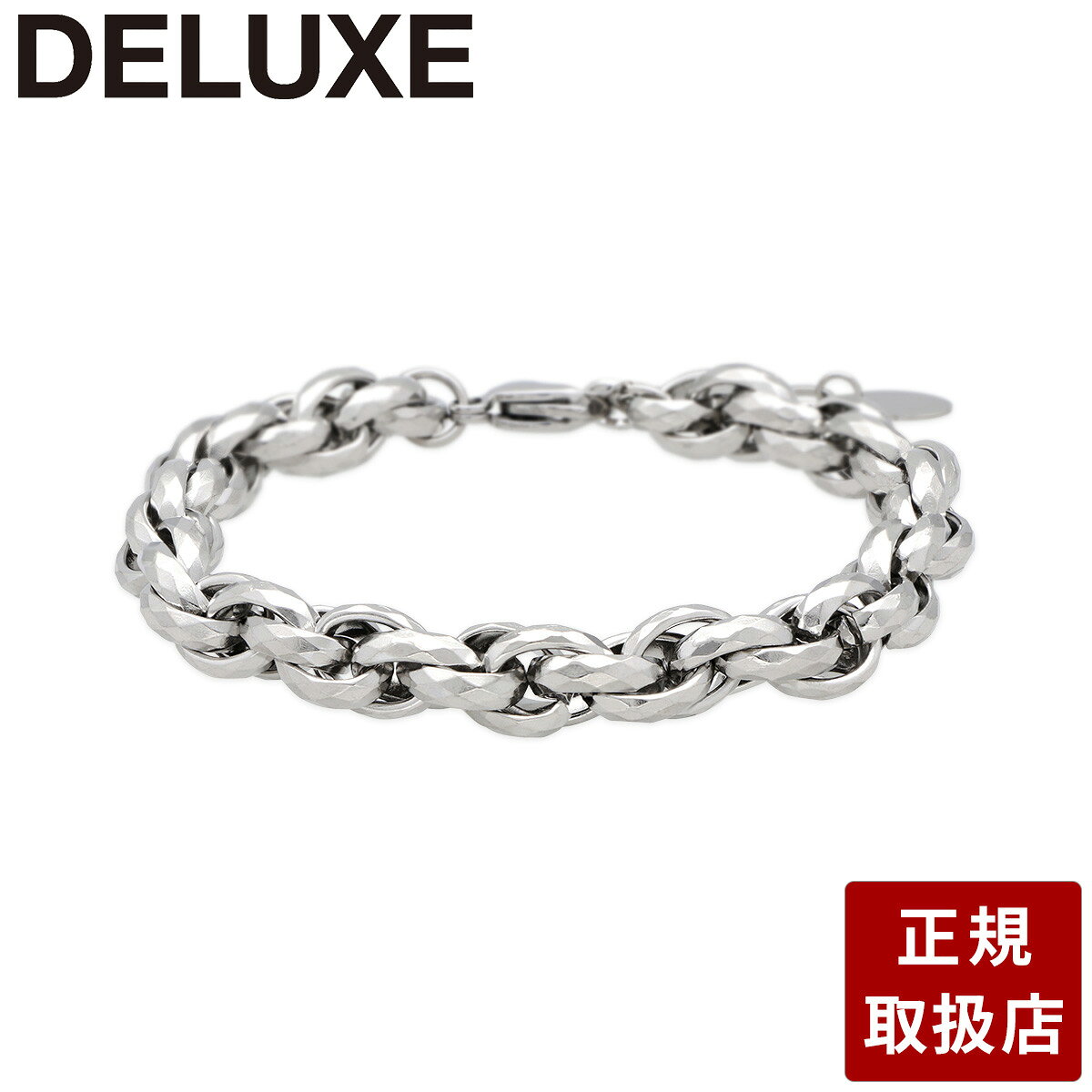 ブランドDELUXE 品名 NEC6146-SH 素材 SUS304 サイズ 全長：約 19.0cmチェーン幅：約 7.0mm重量：約 24.0g 全長：約 21.0cmチェーン幅：約 7.0mm重量：約 27.5g 備考 ※アジャスターチェーン：約 3.0cm付 ※刻字入り商品をお申込の場合、弊社から送られる正式受注メールが届いてからのキャンセル、返品・交換、ご返金、刻字内容のご変更はご容赦頂いております。【グリントブレスレット ステンレス 金属アレルギー対応】複数の輪を複雑に編み込むようにして繋げた、立体的なねじれが特徴的なブレスレット。パーツの表面には細かなカッティング（多面カット）が施されており、なめらかな鏡面部分とカット面の質感のコントラストによって、光を浴びるたびに細やかにきらめきます。素材がステンレスなので、キズや変色に強く、特別な手入れをしなくても美しい輝きを長く保ちます。汗をかく季節でも安心して着用できます。DELUXE デルークス ブレスレット ステンレス