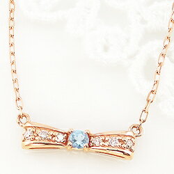 アクアマリン ネックレス りぼん リボン モチーフ ダイヤモンド 3月誕生石 10金 ペンダント カラーストーン 誕生日 ネックレス レディース チェーン シンプル ファッション