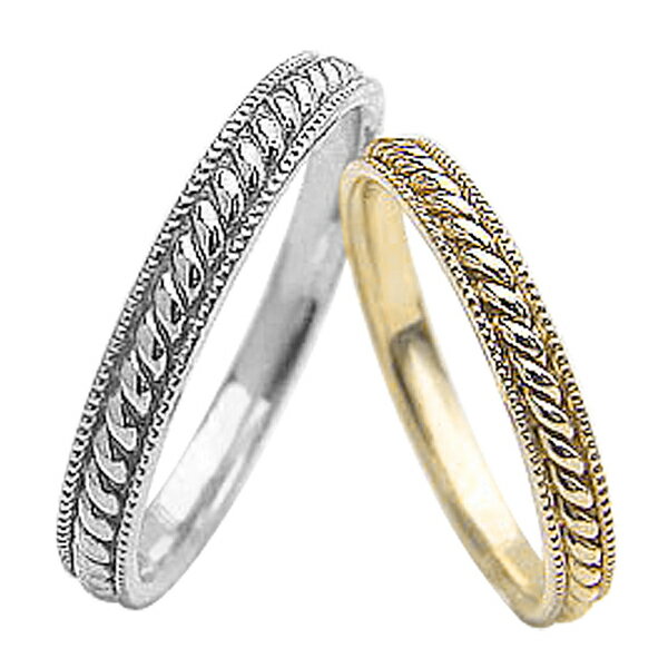 結婚指輪 ゴールド ミル打ち アンティーク ペアリング イエローゴールドK10 ホワイトゴールドK10 マリッジリング 10金 2本セット ペア 文字入れ 刻印...