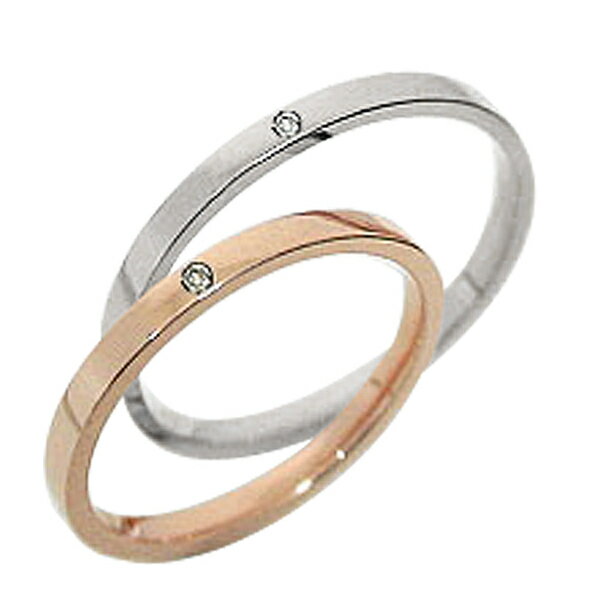 結婚指輪 一粒ダイヤモンド ペアリング ピンクゴールドK18 ホワイトゴールドK18 マリッジリング 18金 2本セット 文字入れ 刻印 可能 婚約 結婚式 ブ...