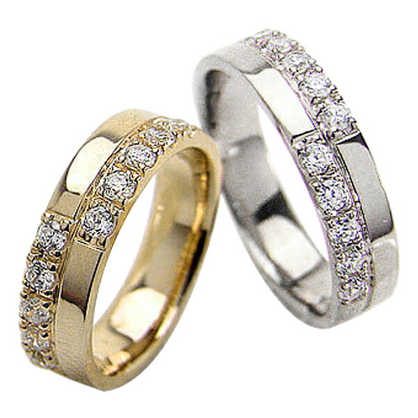 結婚指輪 ゴールド クロス ダイヤモンド 幅広 ペアリング イエローゴールドK18 ホワイトゴールドK18 マリッジリング 18金 2本セット ペア 文字入れ 刻印 可能 婚約 結婚式 ブライダル ウエディング おすすめ ギフト プレゼント 受注製作
