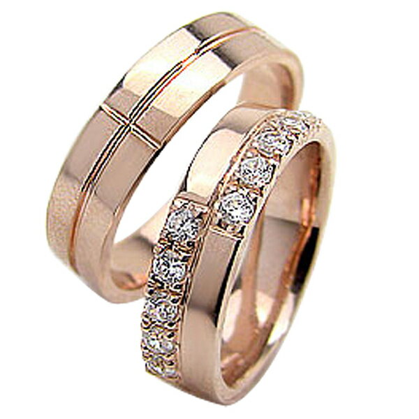 結婚指輪 ゴールド クロス ダイヤモンド 幅広 ペアリング ピンクゴールドK18 マリッジリング 18金 2本セット ペア 文字入れ 刻印 可能 婚約 結婚式 ...