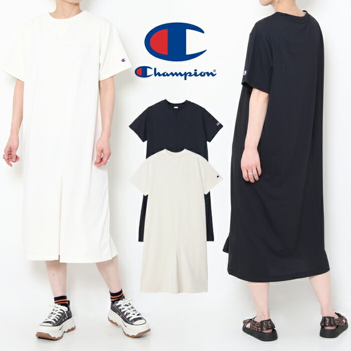 楽天j・x・t-styleチャンピオン Champion ワンピース 24SS CW-Z318 春夏 半袖 Aライン tシャツ 涼しい かわいい ゆったり おしゃれ シンプル カジュアル 楽 リラックス ルームウェア 普段使い 部屋着 楽ちん 吸汗 速乾 遮熱 UV加工 膝下丈 ロゴ刺繍