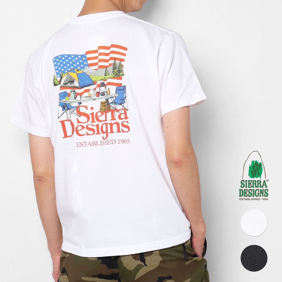シエラデザイン Tシャツ 半袖 メンズ SIERRA DESIGNS 921803 アメリカンキャンピングスタイルティー バックプリント アメカジ ロゴ アウトドアブランド 綿100 白 黒