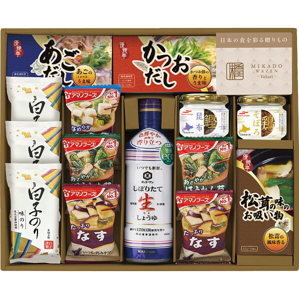 ご自分で作成したメッセージカードがつけられます。 テンプレートで簡単！　当店でプリントしてお届けします。 動画も作れます！　詳細は こちらから　►► 【包装なしを選択することで、資材の削減とごみの増加を防ぐことができ地球環境の保護と持続可能な社会の実現（SDGs）に貢献することになります。 】ご家庭で重宝するバラエティ豊かな食品ギフトセット。返礼品などのフォーマルギフトとして定番の調味料バラエティギフトセット。毎日の食卓で重宝する食品を詰め合わせました。キッコーマンいつでも新鮮しぼりたて生しょうゆ450ml、白子のり味のり(8切5枚)×3、鰹昆布45g、鶏そぼろ45g、メイワかつおだし(4g×6)、メイワあごだし(4g×6)、メイワ松茸の味お吸い物(顆粒)(2.5g×2)、アマノフーズフリーズドライいつものおみそ汁(とうふ×1、なす・ほうれん草×各2)化粧箱入パッケージサイズ：約39.8×31.5×7cm重量：約1.2kg常温配送賞味期限：製造日より360日→期限までの残り期間3分の1以上の商品を発送※在庫の変動によりお届けが予定よりお時間がかかる場合は、ご連絡させていただきます。 2026年お中元特集ページはこちら ► 各種ギフト・内祝い・お祝いに対応｜ギフト専門店 当店では、出産内祝い・結婚内祝い・新築内祝い・快気祝い・香典返し・引き出物など、各種内祝いやお返しギフトに対応した商品を豊富に取り揃えております。 結婚祝い・出産祝い・入学祝い・卒業祝い・就職祝い・新築祝い・開店祝い・退職祝い・還暦祝い・古希・喜寿・米寿など、 人生の節目を彩るお祝いギフトにもおすすめです。 母の日・父の日・お中元・お歳暮・敬老の日・クリスマス・バレンタイン・ホワイトデーなど、 季節のイベントギフトにも幅広く対応しています。 法人様・大量注文にも対応 法人様向けの記念品・周年記念・開業祝い・成約記念・ご来場記念品など、 大量注文・まとまったご注文も承っております。 店舗・企業様の贈答品・ノベルティ・ご挨拶ギフトとしてもご利用いただけます。 のし・包装・ギフト対応について 各種のし対応 メッセージカード対応 手提げ袋無料サービス など、安心してご利用いただけるギフトサービスをご用意しております。 大切な方への「ありがとう」「おめでとう」「感謝の気持ち」を、 心を込めてお届けいたします。 お客様から高評価をいただいています 「丁寧な対応」「迅速な発送」「安心して注文できる」 「かわいい」「おしゃれ」「品揃えが豊富」など、 多くのお客様から嬉しいレビューをいただいております。 初めての方も、どうぞ安心してご利用ください。各種ギフト・内祝い・お祝いに対応｜ギフト専門店 当店では、出産内祝い・結婚内祝い・新築内祝い・快気祝い・香典返し・引き出物など、各種内祝いやお返しギフトに対応した商品を豊富に取り揃えております。 結婚祝い・出産祝い・入学祝い・卒業祝い・就職祝い・新築祝い・開店祝い・退職祝い・還暦祝い・古希・喜寿・米寿など、 人生の節目を彩るお祝いギフトにもおすすめです。 母の日・父の日・お中元・お歳暮・敬老の日・クリスマス・バレンタイン・ホワイトデーなど、 季節のイベントギフトにも幅広く対応しています。 法人様・大量注文にも対応 法人様向けの記念品・周年記念・開業祝い・成約記念・ご来場記念品など、 大量注文・まとまったご注文も承っております。 店舗・企業様の贈答品・ノベルティ・ご挨拶ギフトとしてもご利用いただけます。 のし・包装・ギフト対応について 各種のし対応 メッセージカード対応 手提げ袋無料サービス など、安心してご利用いただけるギフトサービスをご用意しております。 大切な方への「ありがとう」「おめでとう」「感謝の気持ち」を、 心を込めてお届けいたします。 お客様から高評価をいただいています 「丁寧な対応」「迅速な発送」「安心して注文できる」 「かわいい」「おしゃれ」「品揃えが豊富」など、 多くのお客様から嬉しいレビューをいただいております。 初めての方も、どうぞ安心してご利用ください。 味香門和膳‐ゆかり‐ 〈MKY-40N〉
