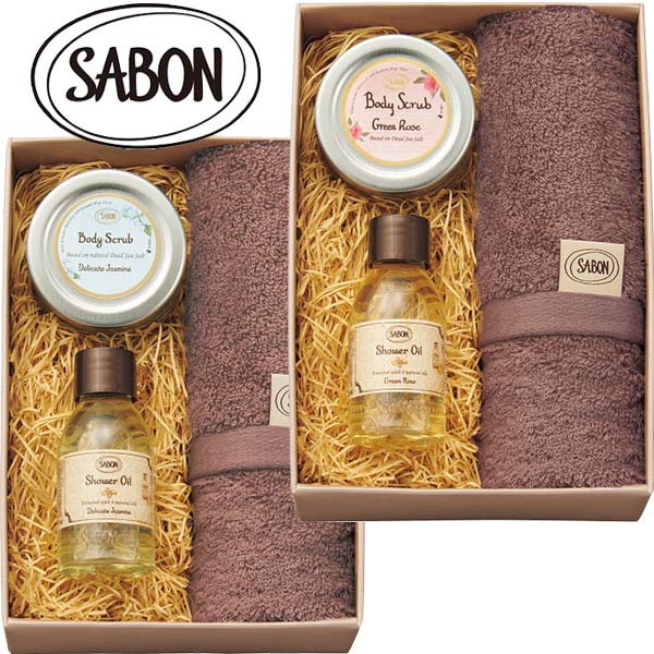 サボン（4000円程度） SABON シャワーオイル50ml＆ミニスクラブ＆タオル〈デリケート・ジャスミンSAB-47/グリーンローズSAB-48〉名入れなし