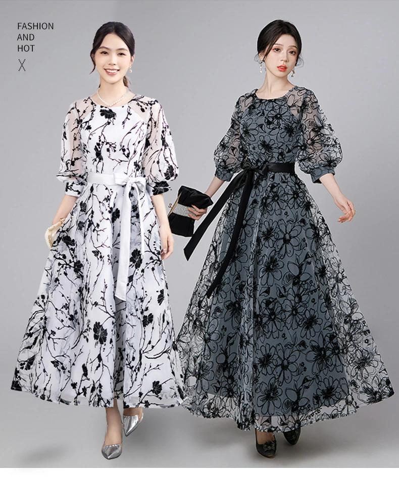 【期間限定500円OFFクーポン】パーティードレス ワンピース イブニングドレス オケージョンドレス ロング丈 ハイウエスト 七分袖 リボン 黒 体型カバー 結婚式 上品 大きいサイズ お呼ばれ 成人式 同窓会 披露宴 フォーマルドレス おしゃれかわいい 着痩せ