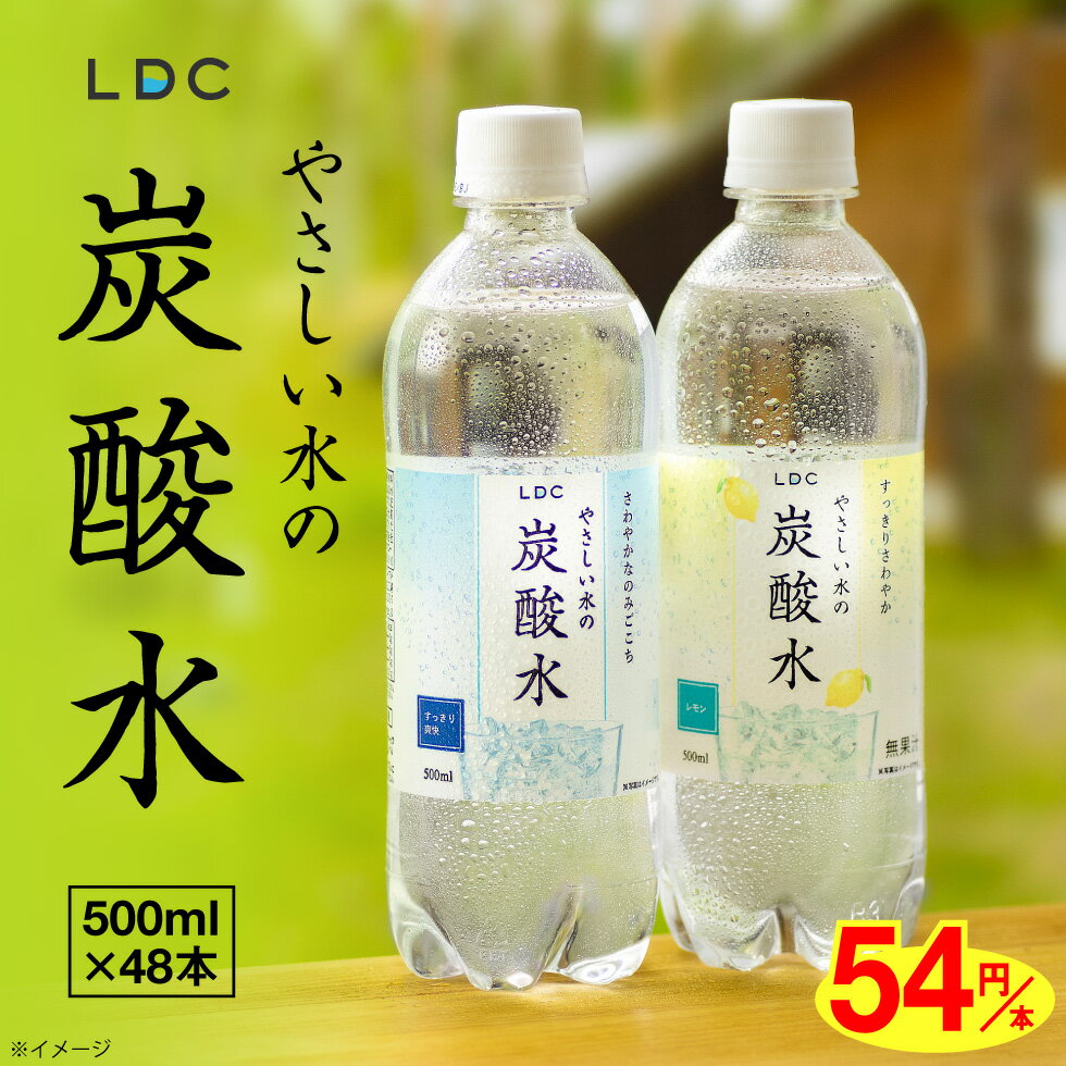 【ポイント2倍 最短当日出荷 1本54円】 選べる48本 炭酸水 500ml 48本 プレーン ・ レモン フレーバー LDC 山形産 やさしい水の炭酸水 （24本 2箱） ソーダ ハイボール 割材 ペットボトル