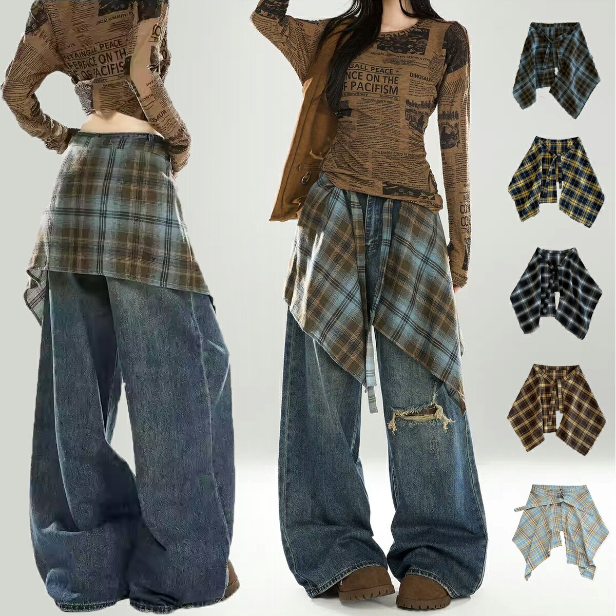 チェック柄 シャツ腰巻き風スカート レディース メンズ レイヤード 付け裾 ダンス jazz キュロットスカート 裏地なし 薄い 膝丈スカート フレア ハイウエスト ドッキング 男女兼用 お尻が隠れる ストレート 前短め フレア コーデ