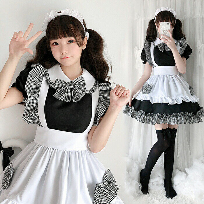 Rakuten - 可愛い チェック柄 メイド服 セット メイド コスプレ 半袖 フリル 黒 白 衣装 エプロン カチューシャ ロリータ 変装 制服 喫茶店 撮影 ハロウイン 文化祭 イベント パーティー