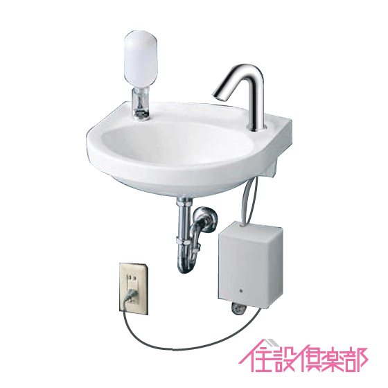 手洗器 水石けん入れ付(床給水・床排水) アクアオート 自動水栓(AC100Vタイプ)セット L30DM,TLE28SS1A 洗面器 小型 洗面所 TOTO