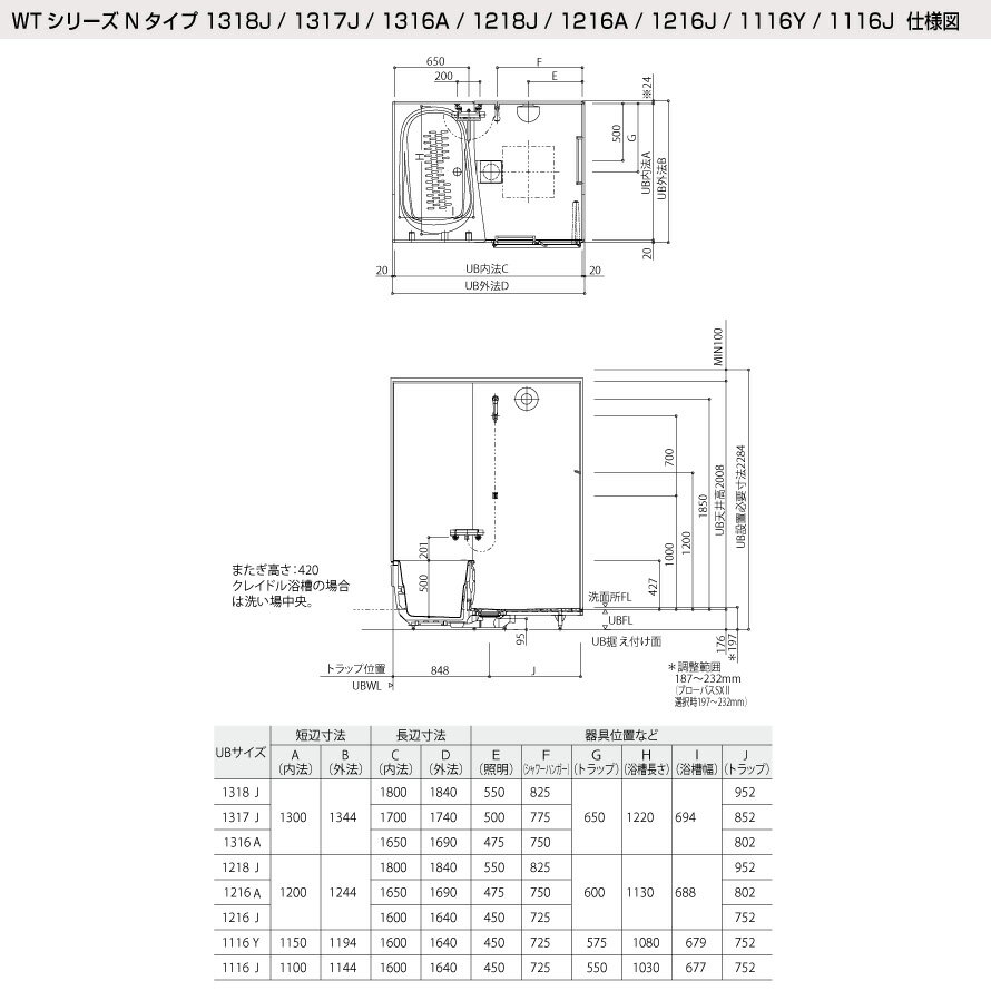 TOTO システムバスルーム マンションリモデルバスルーム：ひろがるWTシリーズ Nタイプ 1116Yサイズ 基本仕様 マンションリモデル用 3