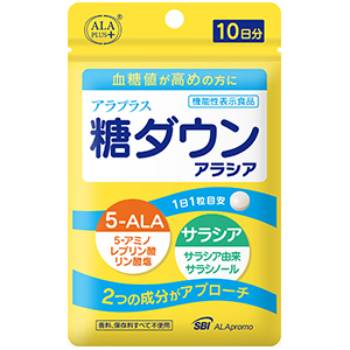 商品特徴 サラシアが糖の吸収を抑え、5−ALAが糖をエネルギーに変える代謝を活性化 ※商品リニューアル等によりパッケージ及び容量等は変更となる場合があります。ご了承ください。 お召し上がり方 1日摂取目安量 栄養補給の食品として、1日1粒を目安に、水などと一緒にお召し上がりください 原材料 サラシアエキス末（国内製造）、デンプン、アミノ酸粉末（5−アミノレブリン酸リン酸塩含有） ／結晶セルロース、クエン酸第一鉄ナトリウム、HPMC、微粒二酸化ケイ素、着色料（二酸化チタン、カラメル）、 HPC、ステアンリン酸カルシウム、アラビアガム、グリセリン、カルナウバロウ 栄養表示成分 エネルギー1．32Kcal、たんぱく質0．008g、脂質0．004g、炭水化物0．31g、食塩相当量0．009g ご注意 ・食物アレルギーのある方は原材料を参照の上、お召し上がりください。 ・1日摂取目安量を守ってお召し上がりください。 ・開封後はお早めにお召し上がりください。 ・乳幼児の手の届かないないところに保管してください。 【取扱上の注意点】 直射日光、高温多湿を避けて涼しいところに保存してください。 内容量 10粒 広告文責 株式会社　ジューゴ　06-6972-5599 メーカー SBIアラプロモ 0120-952-755 区分 日本製・健康食品　