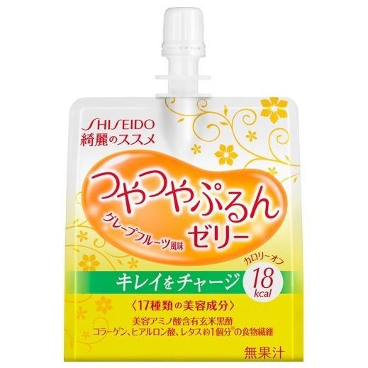 商品特徴 ■資生堂が独自に研究を重ねた美容アミノ酸（D−アミノ酸）を豊富に含む鹿児島産の熟成玄米黒酢や、コラーゲン、ヒアルロン酸、食物繊維などをバランスよく配合したうるおいのある”キレイを育む”美容ゼリーです。 ■美容アミノ酸（D−アミノ酸）含有玄米黒酢、コラーゲン、ヒアルロン酸、食物繊維等17種類の成分を配合。 ■カロリーオフ(1袋当たり18kcal)。 ■グレープフルーツ風味。 【こんな方に】 ・美容・健康維持に関心のあるかた ・内側からの美しさを高めたいかた ・食生活が偏りがちなかた ・カロリーを抑えて小腹を満たしたいかた ※商品リニューアル等によりパッケージ及び容量等は変更となる場合があります。ご了承ください。 お召し上がり方 1日1袋を目安に、冷やしてお召し上がりください 原材料名 エリスリトール、難消化性デキストリン、米黒酢、コラーゲンペプチド（魚由来）、こんにゃく芋粉抽出物（セラミド含有）、ローヤルゼリー粉末、ゲル化剤（増粘多糖類）、DL−アラニン、酸味料、乳酸カルシウム、香料、ビタミンC、塩化マグネシウム、甘味料（アセスルファムカリウム、スクラロース）、ビタミンE、ヒアルロン酸、パントテン酸カルシウム、ビタミンB1、ビタミンB2、ビタミンB6、葉酸、ビタミンD、（原材料の一部にゼラチンを含む） 主な配合成分 【1袋（150g）当たり】コラーゲン 100mg／ヒアルロン酸 5mg／ローヤルゼリー 10mg／グルコシルセラミド 200μg 栄養成分 【1袋（150g）当たり】 エネルギー 18kcal／たんぱく質 0.75g／脂質 0g／糖質 8.3g／食物繊維 3.6g／ナトリウム 49mg／ビタミンB1 0.5mg／ビタミンB2 0.5mg／ビタミンB6 0.5mg／ビタミンC 200mg／葉酸 200μg／カルシウム 60mg／マグネシウム 30mg ご使用上の注意 ・開封後はすぐにお召し上がりください。 ・のどにつまらないよう、噛んでお召し上がりください。 ・高温や凍結などにより、水分が分離することがあります。 ・原材料をご参照の上、食品アレルギーのあるかたはお召し上がりにならないでください。 ・体質・体調や摂り過ぎにより、おなかがゆるくなるなど、まれに合わない場合があります。 ・食生活は、主食、主菜、副菜を基本に、食事のバランスを。 内容量 150g×6コ 広告文責 株式会社　ジューゴ　06-6972-5599 メーカー 資生堂 株式会社 105-8310 東京都港区東新橋1丁目6番2号 お問合せ：0120-81-4710 受付時間：9：00〜17：00（土・日・祝祭日、年末年始・夏期休暇等を除く） 区分 日本製・健康食品　