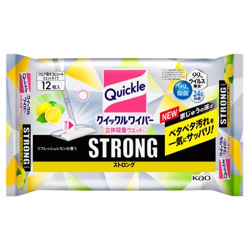 商品特徴 ■フロア用クイックル史上最強のベタベタふき取り力！ ■床のガンコな油汚れも一気にサッパリ！ ■掃除機をかけずに、いきなり使ってもOK！ ■99％ウイルス除去* ■99％除菌※ ■24時間抗菌※ ※すべての菌を除菌・抗菌するわけではありません *すべてのウイルスを除去するわけではありません *エンベロープタイプのウイルス1種で効果を検証 ■リフレッシュレモンの香り ■汚れをすっきり落とす洗浄液 ■ウエット感続く洗浄液キープ構造 ■消臭機能香料配合 ※商品リニューアル等によりパッケージ及び容量等は変更となる場合があります。ご了承ください。 ご使用方法 ・クイックルワイパーの柄がゆるんでいないことを確認してください。 ・内容物の袋表面のシールを真横にめくり、シートを1枚取り出してください。 ・シートの中央部にクイックルワイパーを置いて、ヘッドを包み込むよう、差し込み口(4ヶ所)に押し込んで止めてください。 規格概要 ・大きさ：約205mm*約285mm ・液性：弱アルカリ性 成分 シート材質／ポリエステル、レーヨン、アクリル、ポリプロピレン 成分／エタノール、界面活性剤(ポリオキシエチレンアルキルエーテル、アルキルアミンオキシド)、除菌剤、香料 ご注意 ・用途外に使わない。 ・シートは長時間置いておくと、乾燥して洗浄効果がなくなるので、1度袋から出したらすぐに使う。 ・クイックルワイパー本体に付けたまま、長時間直接床の上に置いたままにしない。床が変色することがある。 ・子供の手の届く所や火気の近く、日の当たる所及び高温になる所に置かない。 ・畳、水がしみ込む家具・壁紙は、目立たない所で、変色しないことを試してから使う。 ・砂粒や硬いごみが付着したシート面でふくと床を傷つける恐れがある。 ・使用後は手をよく水で洗う。 ・荒れ性の方や長時間使用する場合は、炊事用手袋を使う。 ・床のすべりやすさや、すべりにくさを感じた場合は、水でぬらして固くしぼった布でよくふく。ワックスを使用している場合はワックスをかけなおす。 内容量 12枚入 広告文責 株式会社　ジューゴ　06-6972-5599 メーカー 花王株式会社お客様相談センター（洗濯・そうじ・食器洗い用品）：0120-165-693受付時間：9：00～17：00(土・日・祝日を除く) 区分 日本製・日用品　