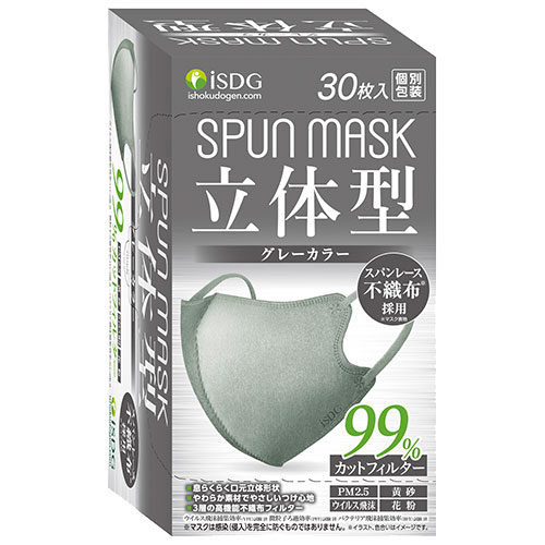 【ケース販売】立体型スパンレース不織布カラーマスク 個包装 【グレー】　30枚入×48コセット【マスク】【個包装】【医食同源ドットコム】スパンマスク　スパンレースマスク