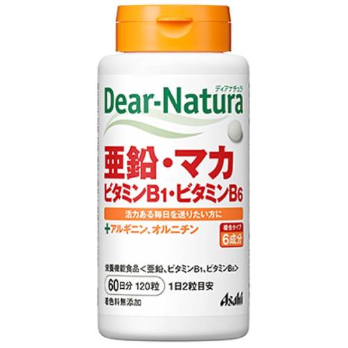 商品特徴 ■亜鉛14mg(2粒あたり)に、ビタミンB1とビタミンB6を配合。さらにアルギニン、オルニチンを配合。 ■活力ある毎日を送りたい方を応援するサプリメントです。 ※商品リニューアル等によりパッケージ及び容量等は変更となる場合があります。ご了承ください。 お召し上がり方 1日2粒を目安に、水またはお湯とともにお召し上がりください。 原材料名 マルチトール、L-オルニチン塩酸塩、マカエキス末(マカエキス、デキストリン)／グルコン酸亜鉛、L-アルギニンL-グルタミン酸塩、ケイ酸Ca、セルロース、ステアリン酸Ca、V.B6、セラック、V.B1、糊料(プルラン) 栄養成分 1日2粒(400mg)当たり エネルギー：1.5kcaL たんぱく質：0.044g 脂質：0.0076g 炭水化物：0.31g 食塩相当量：0.00011g 亜鉛：14.0mg(159％) ビタミンB1：1.2mg(100％) ビタミンB6：1.3mg(100％) オルニチン：10mg アルギニン：10mg 製造工程中で、2粒中にマカエキス末10mgを配合しています。 ( )内の数値は栄養素等表示基準値(18歳以上基準熱量2200kcaL)に占める割合です。 ご使用上の注意 【保存方法】 直射日光・高温多湿を避け、常温で保存してください。 【摂取上の注意】 ・本品は、多量摂取により疾病が治癒したり、より健康が増進するものではありません。 ・亜鉛の摂り過ぎは、銅の吸収を阻害するおそれがありますので、過剰摂取にならないよう注意してください。 ・1日の摂取目安量を守ってください。 ・乳幼児・小児は本品の摂取を避けてください。 ・妊娠・授乳中の方は本品の摂取を避けてください。 ・体調や体質により、まれに発疹などのアレルギー症状が出る場合があります。 ・体調や体質によりまれに身体に合わない場合があります。その場合は使用を中止してください。 ・小児の手の届かないところに置いてください。 ・治療を受けている方、お薬を服用中の方は、医師にご相談の上、お召し上がりください。 ・色調の変化や斑点が見られる場合がありますが、品質に問題ありません。 ・本品は、特定保健用食品と異なり、消費者庁長官による個別審査を受けたものではありません。 ・食生活は、主食、主菜、副菜を基本に、食事のバランスを。 内容量 60日分(120粒入) 広告文責 株式会社　ジューゴ　06-6972-5599 メーカー アサヒグループ食品株式会社お客様相談室：0120-630611 区分 日本製・健康食品　