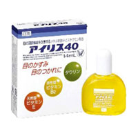 商品特徴 ■アイリス40は、目の酷使などにより目がつかれやすいなどの症状に、目の調節機能を改善するネオスチグミンメチル硫酸塩をはじめ、血行を促進する天然型ビタミンE、低下した目の働きを改善する活性型ビタミンB2、タウリンを配合。目のかすみ・つかれなどに優れた効果を発揮します。 ■目の不快な感じを引き締めるような清涼感タイプのさし心地です ※商品リニューアル等によりパッケージ及び容量等は変更となる場合があります。ご了承ください。 効能・効果 目のかすみ（目やにの多いときなど）、目のつかれ、目のかゆみ、結膜充血、紫外線その他の光線による眼炎（雪目など）、眼病予防（水泳のあと、ほこりや汗が目に入ったときなど）、眼瞼炎（まぶたのただれ）、ハードコンタクトレンズを装着しているときの不快感 用法・用量 1日3〜6回、1回2〜3滴を点眼してください。 【用法・用量に関連する注意】 (1)定められた用法、用量を厳守してください。 (2)小児に使用させる場合には、保護者の指導監督のもとに使用させてください。 (3)容器の先をまぶた、まつ毛にふれさせないこと。また、混濁したものは使用しないでください。 (4)ソフトコンタクトレンズを装着したまま使用しないでください。 (5)点眼用にのみ使用してください。 成分・分量 【成分：分量：はたらき】 メチル硫酸ネオスチグミン 0.002% 低下したピント調節機能を改善します 酢酸d-α-トコフェロール(天然型ビタミンE)：0.03%：抗酸化作用、血行促進作用により、血流をよくし、栄養の供給を助けます フラビンアデニンジヌクレオチドナトリウム(活性型ビタミンB2)：0.05% ：新陳代謝を促進し、低下した目のはたらきを改善します アミノエチルスルホン酸(タウリン)：1.0%：目に栄養を与え、新陳代謝を促進し、目のつかれに効果をあらわします コンドロイチン硫酸ナトリウム：0.1%：角膜の乾燥を防いで、目を保護します マレイン酸クロルフェニラミン：0.02%：抗ヒスタミン作用により、目のかゆみをおさえます 添加物：L-メントール、リュウノウ、塩化ベンザルコニウム、クロロブタノール、エデト酸Na、ポリソルベート80、ポリオキシエチレン硬化ヒマシ油、等張化剤、ホウ酸、クエン酸、クエン酸Na ご使用上の注意 ■相談すること 1.次の人は使用前に医師又は薬剤師に相談してください (1)医師の治療を受けている人。 (2)本人又は家族がアレルギー体質の人。 (3)薬によりアレルギー症状を起こしたことがある人。 (4)次の症状のある人。 はげしい目の痛み (5)次の診断を受けた人。 緑内障 2.次の場合は、直ちに使用を中止し、この説明書を持って医師又は薬剤師に相談してください (1)使用後、次の症状があらわれた場合 【関係部位：症状】 皮ふ：発疹・発赤、かゆみ 目：充血、かゆみ、はれ (2)目のかすみが改善されない場合。 (3)2週間位使用しても症状がよくならない場合。 保管およびお取り扱い上の注意 (1)直射日光の当たらない涼しい所に密栓して保管してください。 (2)小児の手のとどかない所に保管してください。 (3)他の容器に入れかえないでください。(誤用の原因になったり品質が変わることがあります) (4)他の人と共用しないでください。 (5)車のダッシュボード等高温下に放置しないでください。(容器の変形や薬液の品質が劣化することがあります) (6)点眼中に薬液がこぼれ衣服などが着色したらすぐに水洗いしてください。(本剤の黄色は成分のビタミンB2によるものです) (7)使用期限を過ぎた製品は使用しないでください。なお、使用期限内であっても、開封後はなるべくはやく使用してください。(品質保持のため) 内容量 14ml 広告文責 株式会社　ジューゴ　06-6972-5599薬剤師：權　典子 メーカー 大正製薬株式会社 お客様119番室：03-3985-1800 8:30〜21:00(土・日・祝日を除く) 区分 日本製・第3類医薬品　