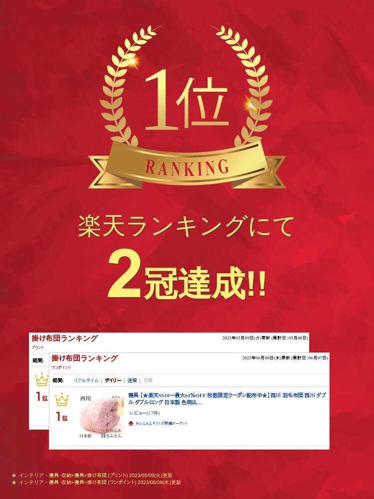寝具【予約販売】【★お買い物マラソン限定クーポン配布中★】西川 羽毛布団 西川 ダブル セール ダブルロング 日本製 色柄込み 掛け布団 婚礼布団 ブライダル ブライダル布団 ギフト 抗菌防臭 軽量羽毛布団 ポリジン加工 西川 綿　人気羽毛災害グッズ父の日 jyukusuimarket-10000545 おふとんとギフトの熟睡マーケット サンプル画像3