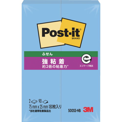 特長 ●古紙100%の再生紙を使用し、環境保全を考え、資源をムダなく利用しています。 ●パソコンのデスクトップやキャビネット、樹脂製品などつきにくかった場所にしっかり貼れます。 仕様 ●色：ブルー ●縦(mm)：75 ●横(mm)：25 ●パック入数：90枚×2冊 材質 ●本体：古紙パルプ配合率100%の再生紙 ●粘着剤：アクリル系粘着剤 質量・質量単位 ●28.0g 注意事項 ●強粘着タイプですので、紙の種類によっては、はがすときに表面を破損する恐れがあります。 ●製品によって、形状が少しカールしている場合がございますが品質には何ら影響はありません。 【メーカー名】スリーエム　ジャパン（株）オフィスマーケット販売本部 【メーカー品番】500SS-NB