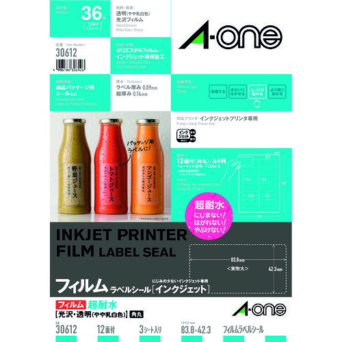 特長 ●インクジェットプリンタで印刷した文字やイラストが水に濡れてもにじみにくい加工を施しています。 ●冷蔵庫から取り出したガラス瓶などの結露でラベルシールがはがれません。 ●下地が活かせる透明素材です。 用途 ●内容物表示用。 ●収納表示用。 ●備品表示用。 仕様 ●色：透明 ●面付：2列×6段(12面) ●1パック内：36片 ●ラベルサイズ(mm)縦：42.3 ●ラベルサイズ(mm)横：83.8 ●シートサイズ：A4 ●総厚さ：0.14mm、ラベル厚さ：0.09mm ●シートサイズ：A4 ●インクジェット専用 材質 ●ポリエステルフィルム＋インクジェット専用塗工 質量・質量単位 ●70.0g 注意事項 ●被着体や環境によっては、はがれる場合もございます。 【メーカー名】スリーエム　ジャパン（株）オフィスマーケット販売本部 【メーカー品番】30612