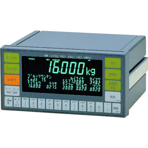 特長 ●フィールドバス対応ウェイングインジケータ。 ●Modbus、シリアル、パラレル、アナログ出力、リレー出力もご用意します。 ●多機能タイプデジタル指示計です。 ●大型表示部です。 ●制御盤に最適なコンパクトサイズです。 ●豊富な計量シーケンスを装備します。 ●制御用入出力です。 ●多種配合等に便利なコード別メモリです。 ●RS-485を標準装備します。 ●外部セットアップ機能付きです。 仕様 ●電源：AC85〜250V ●電源(V)：AC85〜250V ●ゼロ調整範囲(mV)：0〜20 ●ロードセル印加電圧：DC10V±5％、230mA、リモートセンシング機能付 ●最大ロードセル数：350Ωロードセル8個まで接続可能 ●温度係数：ゼロ点±0.2μV/℃ Typ.、スパン±8ppm/℃ Typ. ●非直線性：0.01％ of F.S. ●幅×奥行×高さ(mm)：192×177×96 ●入力感度：0.3μV/D以上 質量・質量単位 ●1.8kg 注意事項 ●オプションボードは3点まで同時装着可能 【メーカー名】（株）エー・アンド・デイ 【メーカー品番】AD-4402