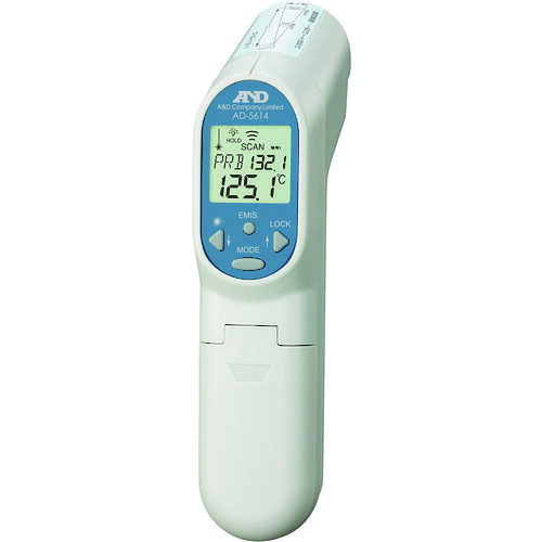 特長 ●放射率設定の変更が可能です。 ●別売のKタイプ熱電対温度センサーが使用可能です。（AD-1214/1215/1217/1218/1219/1220-100) ●上限/下限アラーム機能付です。 ●最高、最低、平均温度、温度差分が表示可能です。 用途 ●鋳物、鍛造の温度測定に。 ●焼却炉の温度管理に。 ●樹脂押出、金型の温度測定に。 ●金属熔湯の温度管理に。 ●焼入・焼鈍・焼戻の温度管理に。 仕様 ●測定温度範囲(℃)：-60〜500 ●温度最小表示(℃)：0.1/1 ●距離対測定範囲比(D対S)：12対1 ●照準レーザ：クラス2（JIS C 6802）、レーザー波長635〜660nm、出力パワー1mW以下 ●測定精度(℃)：±2%rdg または±2℃のいずれか大きい方の値（−33〜+500℃）なお、−60〜−34℃は精度保証外【放射温度計】/±1％rdgまたは±1℃のいずれか大きい方の値 （熱電対温度センサの器差は含まず）【熱電対温度計】 ●電源(V)：単4乾電池×2本(付属) ●幅(mm)：39 ●奥行(mm)：72 ●高さ(mm)：175 ●電源：単4乾電池×2本(付属) ●測定精度：±2%又は±2℃の大きい方の値(-33℃〜500℃)なお-60〜-34℃は精度保証外(放射赤外線センサ)、±1%又は±1℃の大きい方の値(熱電対温度計本体精度) ●放射率：0.10〜1.00(0.01ステップ) ●幅×奥行×高さ：39×72×175mm ●距離対測定範囲比(D対S)：12対1 ●レーザー：クラス2(JIS C6802) C6802) レーザー波長635nm〜660nm、出力パワー1mW以下 ●放射率(%)：0.10〜1.00 可変(出荷時設定0.95) ●PSCマーク認定商品 質量・質量単位 ●180.0g 【メーカー名】（株）エー・アンド・デイ 【メーカー品番】AD5614