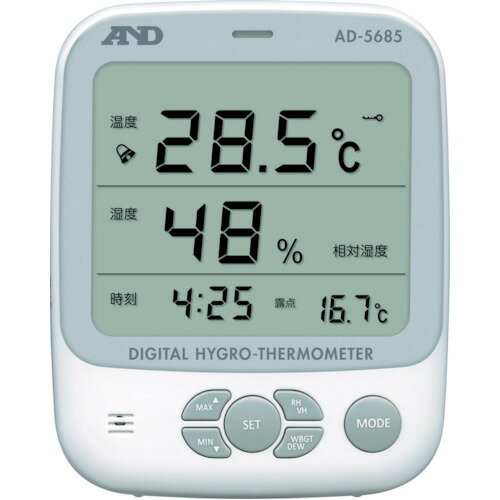 特長 ●温度と相対湿度のアラーム機能付きです。 ●アラームをLEDランプとブザーでお知らせします。 ●熱中症指数と露点を切替表示します。 ●相対湿度と絶対湿度を切替表示します。 用途 ●露点の管理、塗装などの乾燥過程に。 ●実験室、作業環境の温湿度管理に。 ●熱中症と季節性インフルエンザ対策に。 仕様 ●熱中症指数表示範囲(℃)：0〜60 ●測定温度範囲(℃)：0〜50 ●測定湿度範囲(%RH)：20〜90 ●最小表示熱中症指数(℃)：0.1 ●最小表示温度(℃)：0.1 ●最小表示湿度(%RH)：1 ●色：ホワイト、グレー ●幅(mm)：108 ●奥行(mm)：28 ●高さ(mm)：133 ●湿度最小表示(%RH)：1 ●電源：単3形乾電池×3本(付属) ●最小表示 温度(℃)：0.1 ●測定項目：温度、相対湿度 ●最小表示 湿度(%RH)：1 ●表示項目：温度、露点または熱中症指数、相対湿度または絶対湿度、時刻 ●温度測定精度：±1℃(10.0℃〜39.9℃)、±2℃(0℃〜9.9℃、40.0℃〜50.0℃) ●湿度測定精度：±5%RH(30%RH〜69%RH)、±10%RH(20%RH〜29%RH、70%RH〜90%RH)、25℃時 ●電源 / 電池寿命：単3形乾電池3本(モニタ用)/約1年 ●外形寸法 / 本体質量：108(W)×133(H)×28(D)mm/約240g (電池含む) 材質 ●ABS樹脂 質量・質量単位 ●240.0g セット内容・付属品 ●取扱説明書、電池（モニタ用） 注意事項 ●本製品は、熱中症発症を完全に防止できる製品ではありません。 ●あくまで一般的な日常生活における季節性インフルエンザ予防の目安とするものです。 【メーカー名】（株）エー・アンド・デイ 【メーカー品番】AD5685
