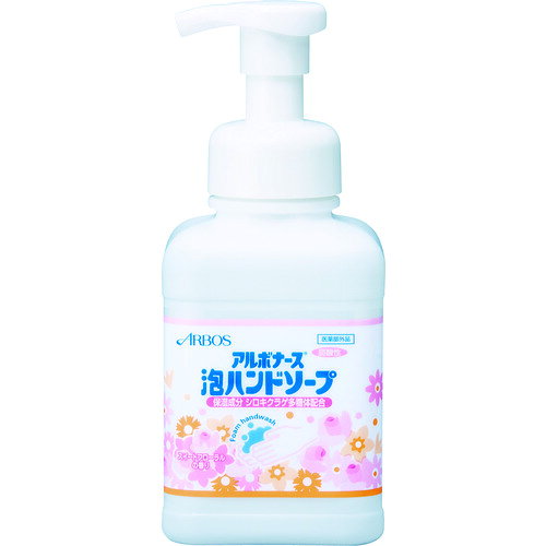 特長 ●皮膚の清浄・殺菌・消毒を行う医薬部外品の泡ハンドソープです。 ●保湿成分シロキクラゲ多糖体配合しています。 ●肌と同じ弱酸性です。 ●上品なやさしさを演出するスイートフローラルの香りです。 ●肌に優しいアミノ酸系とベタイン系の界面活性剤を主に使用しています。 ●販売名：薬用泡ハンドソープTR 用途 ●皮膚の清浄・殺菌・消毒 ●幅×奥行×高さ(mm):78×78×185 仕様 ●容量(L)：0.5 ●香り：スイートフローラル ●タイプ：本体 ●吐出タイプ：泡状 ●容量(g)：590 ●500ml減容ポンプボトル ●販売名：薬用泡ハンドソープTR 材質 ●有効成分:イソプロピルメチルフェノール 質量・質量単位 ●590.0g 注意事項 ●傷・湿疹・皮膚炎（かぶれ、ただれ）等の皮膚障害があるときには、悪化させるおそれがあるので使用しないでください。 ●赤み、かゆみ、かぶれたり、刺激等の異常を感じた時は使用を中止し、医師に相談してください。 ●目に入ったときは速やかに流水で良く洗い、医師に相談してください。 ●子供の手の届かないところに保管してください。 ●直射日光を避け、涼しいところに保管してください。 【メーカー名】（株）アルボース 【メーカー品番】14447