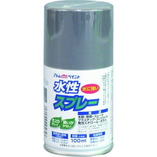 特長 ●霧が細かいので、誰でも綺麗に塗装ができます。 ●指が疲れにくい、軽いタッチのプッシュボタンです。 ●乾いた塗膜は水に強く、落ちません。 用途 ●鉄部、木部、コンクリート、ガラス、発泡スチロール、段ボール紙、プラスティック（アクリル・ポリスチレン・ABS・硬質塩化ビニル樹脂）などに。 仕様 ●色：ねずみ ●容量(L)：0.1 ●乾燥時間：20?30分(夏期)、40?60分(冬期) ●塗布面積：0.2?0.4m2 ●噴射パターン：丸吹き ●建築基準法対応製品：F☆☆☆☆ 材質 ●成分：水溶性アクリル樹脂 質量・質量単位 ●0.15kg 注意事項 ●ラッカー系塗料の上塗りはできません。 ●換気の良い場所で塗装してください。 ●屋外でご使用ください。 ●まわりの車や建物等に飛び散らないよう注意してください。 ●塗れない場所の代表例【浴室床、ユニットバス、池など水が溜まる所、油分がある所、アルミ、ステンレス、磁器タイル、化粧合板、ビニールクロス、軟質塩ビ、ポリエチレン、ポリプロピレン、トタン、高級家具、バイク、自動車、床面全般など】。 【メーカー名】アトムサポート（株） 【メーカー品番】00001-09550 【法人限定商品】※下記注意事項を事前にご確認ください。 ●この商品は送料が別途必要になります。 ●ご注文後、改めて当店より送料をご連絡させていただきます。送料のご了承をいただいてからの手配となります。（ご連絡までに数日かかる場合があります） ●手配後のキャンセル・返品・交換はできません。 ●メーカー直送、または、福山通運・西濃運輸・佐川急便でのお届けとなります。 ●配送業者の指定はできません。 ●原則法人宛（個人宅を除く）のみの配達となります。個人宅へのお届けの場合は事前にお問い合わせください。 ●お届け先の宛名または住所に法人名の記載がない場合は、法人であっても個人宅扱いとなります。 ●個人宅（法人名不記載を含む）へのお届けができない場合があります。 ●一部配送業者は平日のみの配達になります。原則時間指定はできません。 ●他メーカーとの同梱不可。 ●代金引換決済のご利用不可。