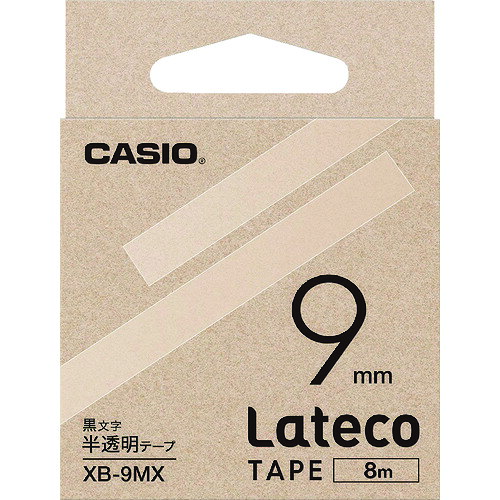 特長 ●ラテコ（Lateco）専用の詰め替えテープになります。 ●新開発のラミネートサーマルテープで、擦れや汚れに対する耐久性に優れています。 ●強粘着でしっかり貼れて、はがす時に糊残りしにくいので、ファイルの再利用もできます。 用途 ●ラテコ専用詰め替えテープ 仕様 ●テープ幅(mm)：9 ●テープ色：半透明 ●テープ長さ(m)：8 ●文字色：黒文字 ●適合機種：ラテコ ●タイプ：ラテコ詰換え用 ●サイズ：52X52X9mm、重量：15g ●適合テープ幅(mm)：9 ●ラテコ詰換え用テープ、エコマーク認定、グリーン購入法適合商品 質量・質量単位 ●14.0g 【メーカー名】カシオ計算機（株） 【メーカー品番】XB9MX