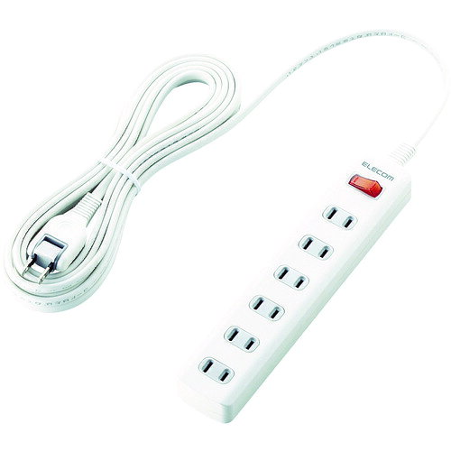特長 ●最大12500Vの高性能雷サージ吸収素子を内蔵し、電子機器を守ります。 ●パソコンやテレビなどの精密機器を雷から守ります。 ●最大サージ電圧12500VはJEC210/212規格に基づく数値です。 ●接続機器を一括でON/OFFでき、待機電力をまとめて節約できる一括スイッチが付いています。 ●狭い場所でも配線しやすい180°スイングプラグを採用しています。 ●プラグ仕様は2ピン式で、便利な6個口タイプです。 ●差込口には耐熱性に優れたユリア樹脂を使用していますので、万一の発熱の際にも融解しにくく、電気火災の防止に有効です。 ●プラグの刃の根本に絶縁キャップが付いており、トラッキング現象による火災の防止に役立ちます。 ●電源コードには、一般社団法人日本配線システム工業会規格(JWDS0010)に適合した二重被ふくコードを採用していますので、断線や被ふく破れによる感電・火災の防止に有効です。 仕様 ●コンセント数：6個口 ●ケーブル長(m)：5 ●色：ホワイト ●幅(mm)：220 ●奥行(mm)：44 ●高さ(mm)：31 ●定格電圧(V)：AC125V・15A・最大1500Wまで対応 ●本体差込口形状：2ピン ●本体差込口個数：6個口 ●プラグ仕様：2ピン・スイングプラグ 材質 ●本体：ABS樹脂 ●プラグ：PVC ●差込口：ユリア樹脂 質量・質量単位 ●510.0g 【メーカー名】エレコム（株） 【メーカー品番】T-K3A-2650WH