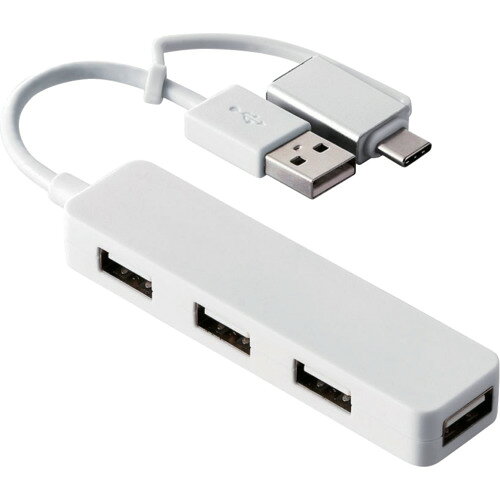 特長 ●USB-AポートにもUSB Type-C(TM)ポートにも接続できる、変換アダプター付きUSB2.0ハブです。 用途 ●USB-AポートにもUSB Type-C(TM)ポートにも接続できる、変換アダプター付きUSB2.0ハブです。 ●コネクター部分を変えられるため、パソコンとタブレットの両方で使いたい場合にも、これ一つで手軽に兼用できます。 ●便利な4ポートタイプです。 仕様 ●色：ホワイト ●ケーブル長(m)：約0.07m ※コネクター含まず ●幅(mm)：87 ●奥行(mm)：22 ●高さ(mm)：12 ●ポート数：4 ●インターフェース：USB2.0 ●コネクタ形状：USB-Aプラグ×1、USB-Aポート×4 ●供給可能電流：4ポート合計最大400mA(各ポート100mA未満) 質量・質量単位 ●30.0g 注意事項 ●※接続したいポート同士の幅が狭い場合、アダプターを複数同時に接続できない場合があります。 ●事前に機種の仕様をご確認ください。 ●※本製品はUSBポートを増設するための製品です。 ●本製品を使用してスマートフォン・タブレットを充電することはおすすめできません。 【メーカー名】エレコム（株） 【メーカー品番】U2H-CA4003BWH
