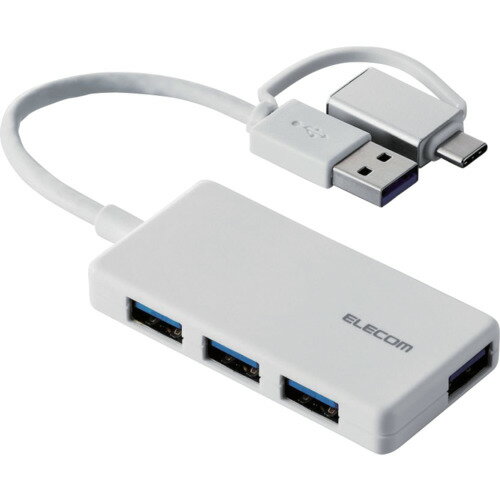 特長 ●USB-AポートにもUSB Type-C(TM)ポートにも接続できる、変換アダプター付きUSB 5Gbps(USB3.1(Gen1))ハブです。 用途 ●USB-AポートにもUSB Type-C(TM)ポートにも接続できる、変換アダプター付きUSB 5Gbps(USB3.1(Gen1))ハブです。 ●コネクター部分を変えられるため、パソコンとタブレットの両方で使いたい場合にも、これ一つで手軽に兼用できます。 ●超薄型設計の4ポートタイプです。 仕様 ●色：ホワイト ●ケーブル長(m)：約0.1m ※コネクター含まず ●幅(mm)：70 ●奥行(mm)：35 ●高さ(mm)：11 ●ポート数：4 ●インターフェース：USB 5Gbps(USB3.1(Gen1)) ●コネクタ形状：USB-Aプラグ×1、USB-Aポート×4 ●供給可能電流：USB 5Gbps(USB3.1(Gen1))接続時:4ポート合計720mA以内(各ポート180mA未満)、USB2.0接続時:4ポート合計400mA以内(各ポート100mA未満) 質量・質量単位 ●34.0g 注意事項 ●※接続したいポート同士の幅が狭い場合、アダプターを複数同時に接続できない場合があります。 ●事前に機種の仕様をご確認ください。 ●※本製品はUSBポートを増設するための製品です。 ●本製品を使用してスマートフォン・タブレットを充電することはおすすめできません。 【メーカー名】エレコム（株） 【メーカー品番】U3H-CA4004BWH