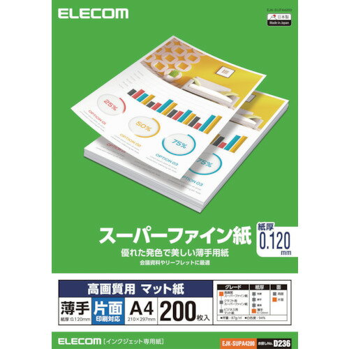 Oa Paper - エレコム（ELECOM）　高画質用スーパーファイン紙（A4・薄手・片面200枚）　【品番：EJK-SUPA4200】