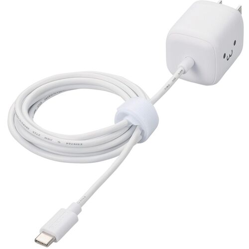 特長 ●USB Power Deliveryに対応したUSB Type-C(TM)プラグを搭載し、対応するスマートフォン、タブレット、ノートパソコンなどを充電できるUSB AC充電器です。 ●※USB Power Delivery規格 30W以下で充電できる機器に限ります。 用途 ●ケーブル一体型で、USB Type-C(TM)ポート搭載のスマートフォン、タブレット、ノートパソコンなどをすぐに充電できるUSB AC充電器です。 ●ケーブルの長さは約1.5mで、取り回しがしやすいです。 ●※USB Power Delivery規格 30W以下で充電できる機器に限ります。 仕様 ●色：しろちゃん(ホワイト×ブラック) ●ポート数：1 ●幅(mm)：42.8 ●奥行(mm)：34.2 ●高さ(mm)：34.2 ●ケーブル長(m)：約1.5m ●定格入力：AC100V〜240V、50Hz/60Hz、0.9A ●定格出力：最大出力30W、PPS最大出力30W ●対応機種：USB Type-C(TM)プラグからUSB Power Delivery (30W)およびオプション規格であるPPS(Programmable Power Supply)の規格内で充電可能な機器 質量・質量単位 ●87.0g 注意事項 ●※機器本体や充電器が濡れた状態で充電すると、異常な発熱・焼損の原因となり大変危険ですのでおやめください。 【メーカー名】エレコム（株） 【メーカー品番】MPA-ACCP7930WF