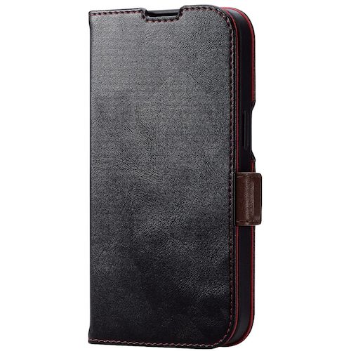 【メール便対応】エレコム（ELECOM） iPhone15用レザーケース 手帳型 耐衝撃 磁石付き ステッチ ブラック 【品番：PM-A23APLFYBK】