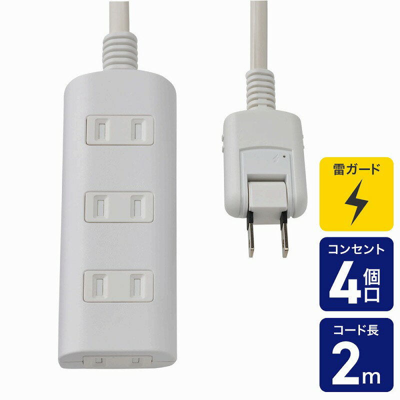 朝日電器（ELPA）　扉付タップラン 雷ガード 4個口 2m　ホワイト　【品番：WBT-N4020SB（W）】