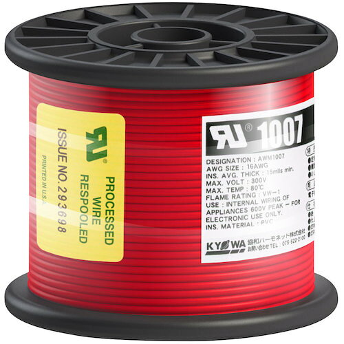 特長 ●UL WL-1及び電気用品安全法-F-の難燃試験に合格します。 ●UL・CSA共用です。 仕様 ●色：赤 ●芯数：1 ●全長(m)：50 ●定格：300V ●外径寸法(mm)：約2.4 ●導体(より線)断面積：AWG16 ●定格温度(℃)：80 ●許容電流(A)：19 ●定格温度80℃ 質量・質量単位 ●934.0g 【メーカー名】協和ハーモネット（株） 【メーカー品番】UL1007 AWG16 50M RD