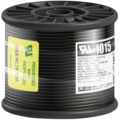 特長 ●UL WL-1及び電気用品安全法-F-の難燃試験に合格します。 ●UL・CSA共用です。 仕様 ●色：黒 ●芯数：1 ●全長(m)：50 ●定格：600V ●外径寸法(mm)：約2.8 ●導体(より線)断面積：AWG18 ●導体外径(mm)：1.21 ●絶縁体外径(約mm)：3.0 ●絶縁体標準厚(mm)：0.88 ●許容電流(A)：18 ●定格温度105℃ ●耐電圧：2000AC V/分 質量・質量単位 ●866.0g 【メーカー名】協和ハーモネット（株） 【メーカー品番】UL1015 AWG18 50M BK 【法人限定商品】※下記注意事項を事前にご確認ください。 ●この商品は送料が別途必要になります。 ●ご注文後、改めて当店より送料をご連絡させていただきます。送料のご了承をいただいてからの手配となります。（ご連絡までに数日かかる場合があります） ●手配後のキャンセル・返品・交換はできません。 ●メーカー直送、または、福山通運・西濃運輸・佐川急便でのお届けとなります。 ●配送業者の指定はできません。 ●原則法人宛（個人宅を除く）のみの配達となります。個人宅へのお届けの場合は事前にお問い合わせください。 ●お届け先の宛名または住所に法人名の記載がない場合は、法人であっても個人宅扱いとなります。 ●個人宅（法人名不記載を含む）へのお届けができない場合があります。 ●一部配送業者は平日のみの配達になります。原則時間指定はできません。 ●他メーカーとの同梱不可。 ●代金引換決済のご利用不可。