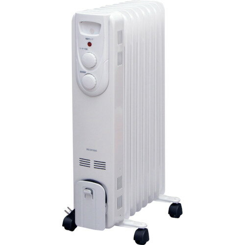 特長 ●小さなお子様やペットにもやさしい、オイルヒーターです。 ●温風や炎が出ないオイルヒーターなので、お子様やペットにも安全です。 ●お部屋全体をゆっくり暖め、空気を汚さないクリーンな暖房です。 用途 ●寒さ対策に。 仕様 ●電源(V)：単相100 ●消費電力(W)(50/60Hz)：1200 ●本体寸法(mm)幅：250 ●本体寸法(mm)奥行：395 ●本体寸法(mm)高さ：650 ●電源コード長さ(m)：1.6 ●ヒーター：3段階 ●適用床面積：8畳 ●電源コード長さ：約1.6m 材質 ●スチール ●ABS樹脂 質量・質量単位 ●8.6kg セット内容・付属品 ●キャスター組品(2個) ●取り付け金具(2個) ●蝶ナット(4個) 【メーカー名】アイリスオーヤマ（株） 【メーカー品番】IOH-1208KS-W