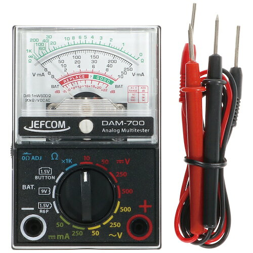 特長 ●1.5Vボタン/ 1.5V単3形/ 9V 6F22電池チェック機能付 ●スペアヒューズ付 ●直流電圧 ●交流電圧 ●直流電流 ●抵抗 ●電池チェック ●低周波出力 用途 ●アナログテスター ●・本体サイズ・質量：60mm×30mm×90mm・95g ●・電源：1.5V R6P（単3）電池 1本 ●・付属品 ●テストリード 1組、 ●1.5V R6P（単3）電池 1本（本体内蔵）、 ●スペアヒューズ（0.25A / 250V） 1本、 ●取扱説明書 ●※付属の電池は、動作確認用です。 ●■測定仕様 ●・直流電圧 材質 ●ABS 質量・質量単位 ●95.0g 【メーカー名】ジェフコム（株） 【メーカー品番】DAM-700